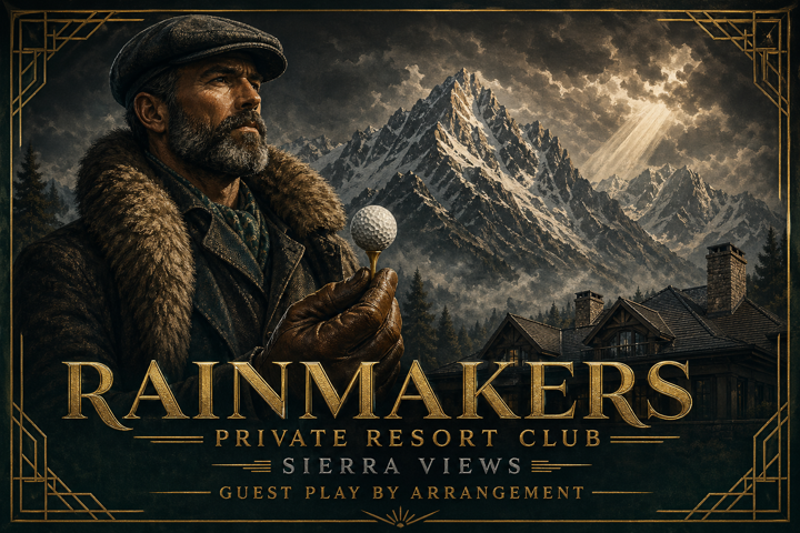 Edgy resort poster illustration for Rainmakers private club and Sierra views.